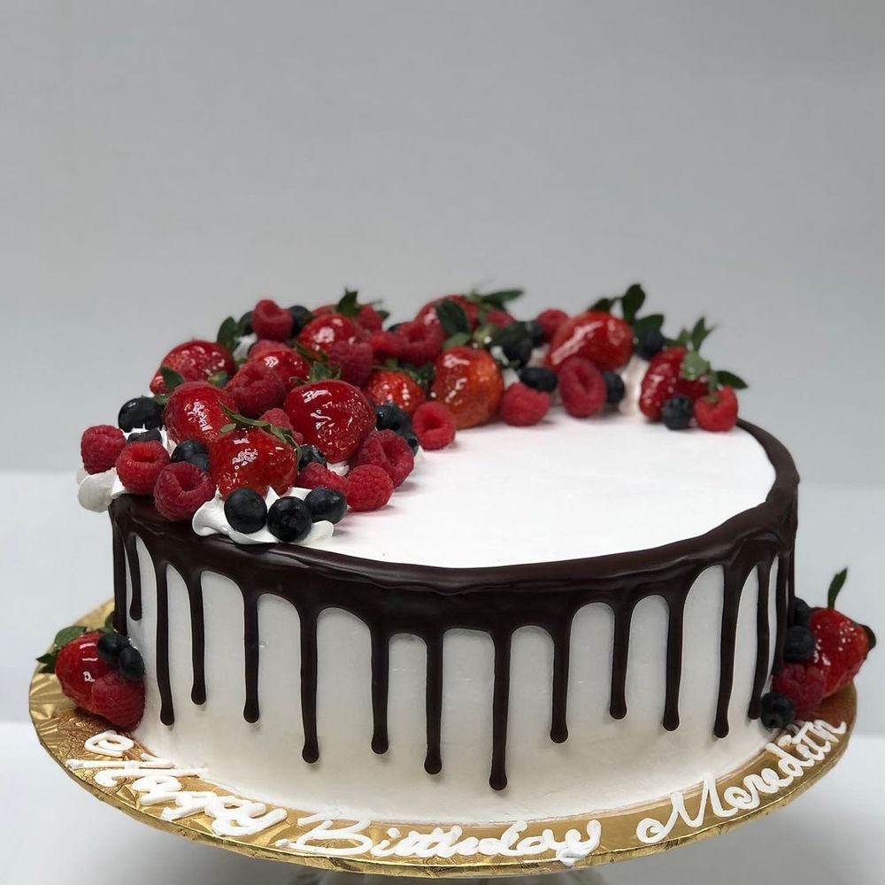 Chocolate cake topped with strawberries
